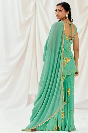 Turquoise blue printed crepe sharara
