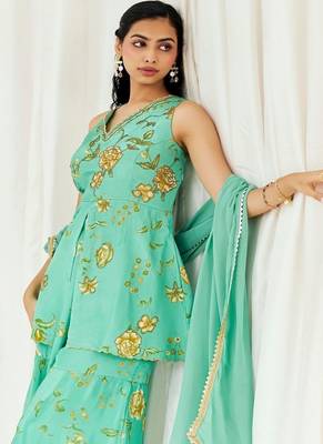 Turquoise blue printed crepe sharara 4