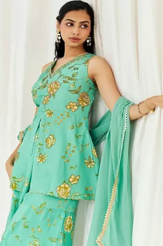 Turquoise blue printed crepe sharara