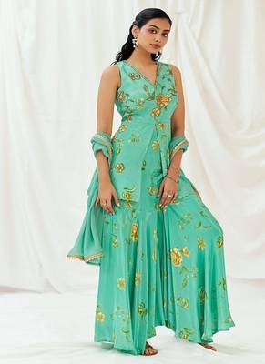 Turquoise blue printed crepe sharara 5