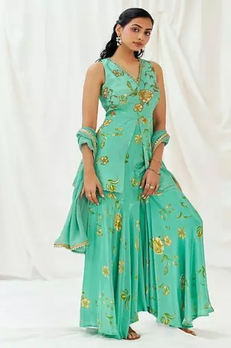 Turquoise blue printed crepe sharara