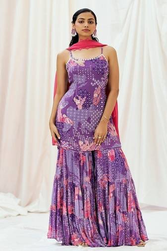 Violet embroidered georgette sharara