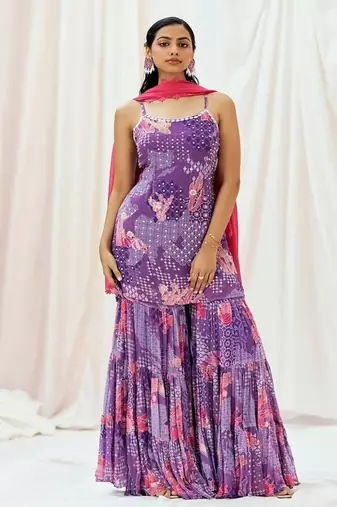 Violet embroidered georgette sharara