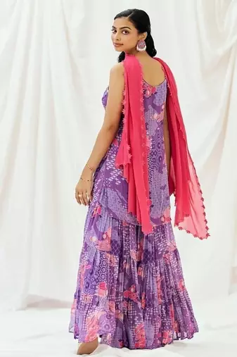 Violet embroidered georgette sharara