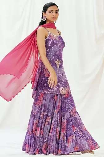 Violet embroidered georgette sharara