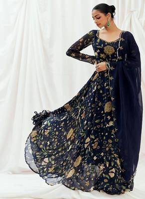 Navy blue printed georgette anarkali 1