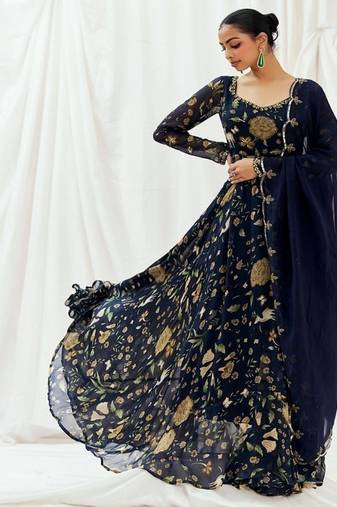 Navy blue printed georgette anarkali