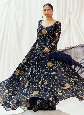 Navy blue printed georgette anarkali 2