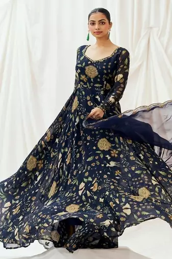 Navy blue printed georgette anarkali