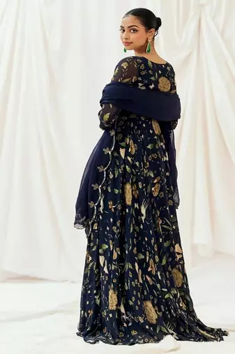 Navy blue printed georgette anarkali