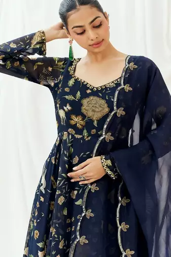 Navy blue printed georgette anarkali
