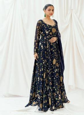 Navy blue printed georgette anarkali 5