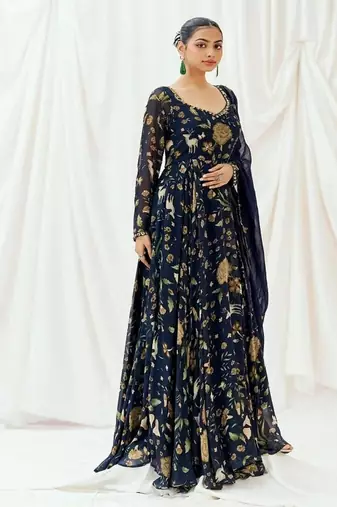 Navy blue printed georgette anarkali
