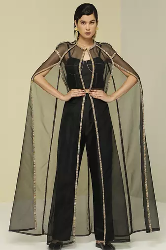 Black plain silk cape set