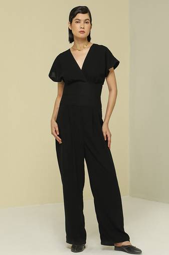 Black plain crepe jumpsuit