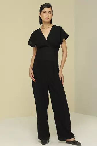 Black plain crepe jumpsuit