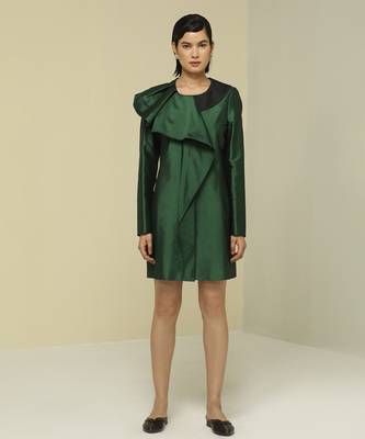 Green plain silk short dress 1