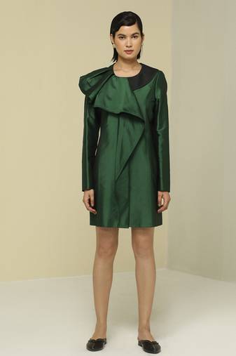 Green plain silk short dress
