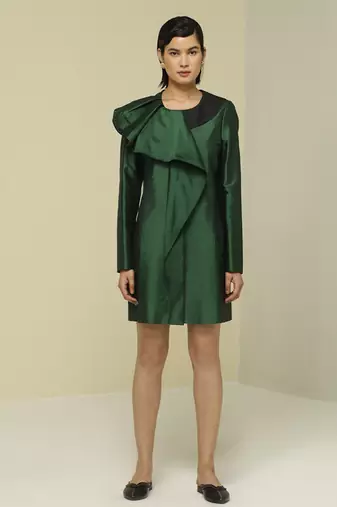 Green plain silk short dress