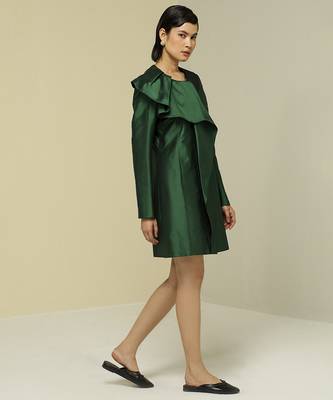 Green plain silk short dress 4