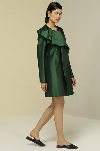 Green plain silk short dress