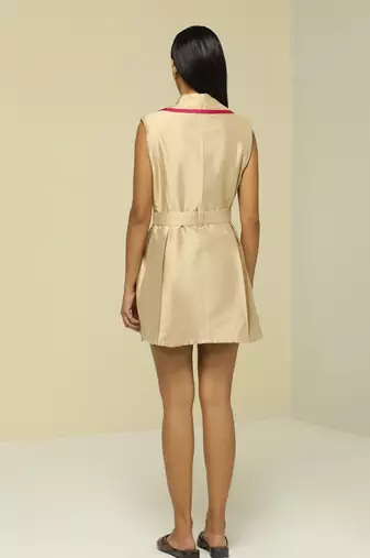 Beige plain silk short dress