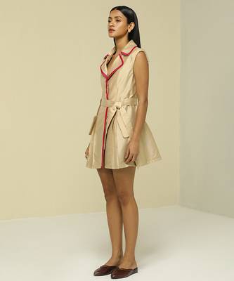 Beige plain silk short dress 3