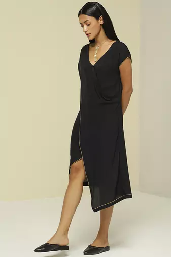 Black plain linen short dress