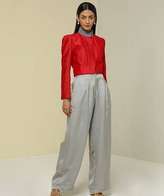 Red plain silk jacket set 1