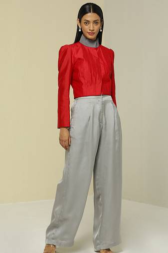 Red plain silk jacket set