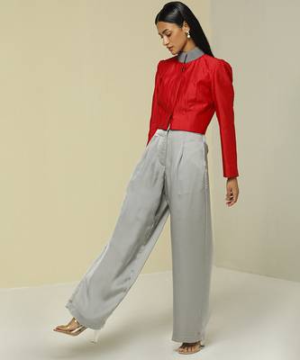 Red plain silk jacket set 4