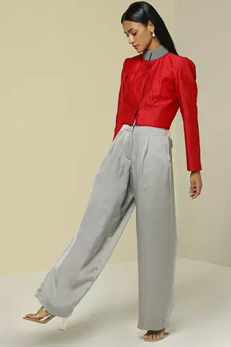 Red plain silk jacket set