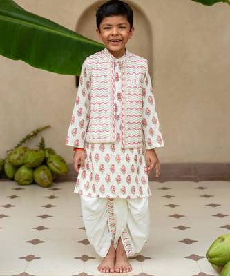 Red cotton printed kurta dhoti and jacket for boys 1