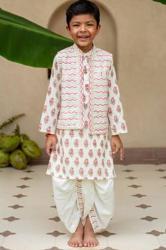 Red cotton printed kurta dhoti and jacket for boys