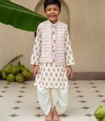 Red cotton printed kurta dhoti and jacket for boys