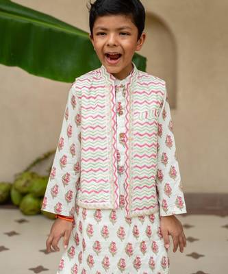 Red cotton printed kurta dhoti and jacket for boys 2