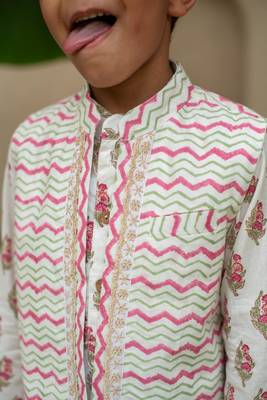 Red cotton printed kurta dhoti and jacket for boys 3