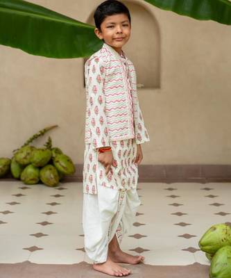 Red cotton printed kurta dhoti and jacket for boys 5
