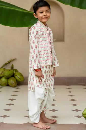 Red cotton printed kurta dhoti and jacket for boys
