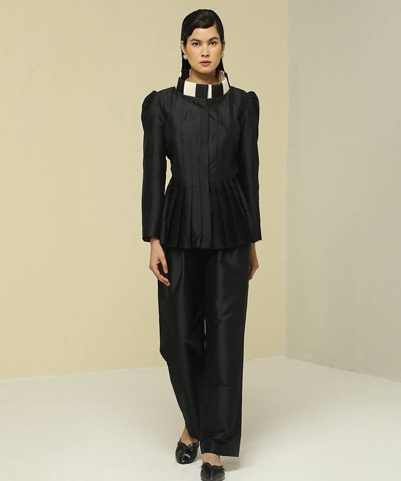 Black plain silk jacket set