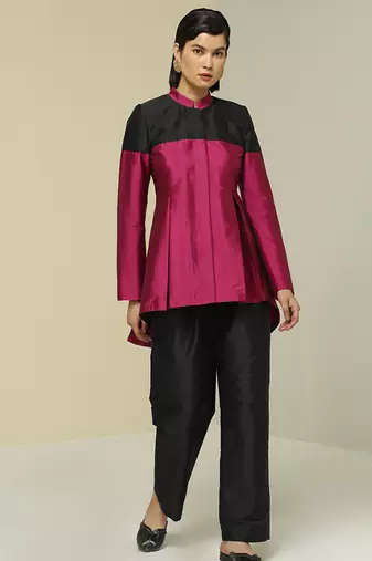 Pink plain silk jacket set
