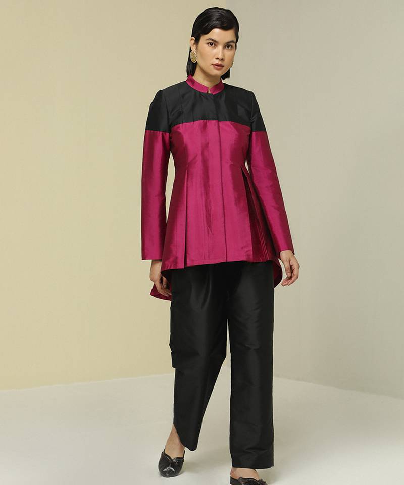 Pink plain silk jacket set