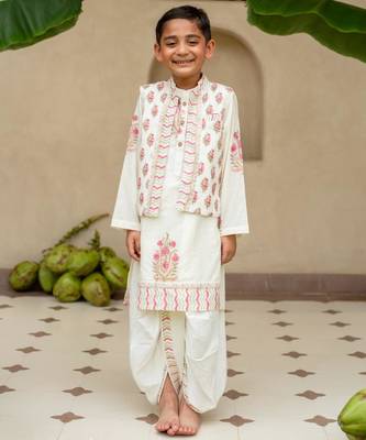 White cotton printed kurta dhoti and jacket for boys 1