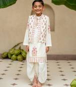 White cotton printed kurta dhoti and jacket for boys