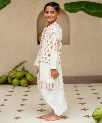 White cotton printed kurta dhoti and jacket for boys 2