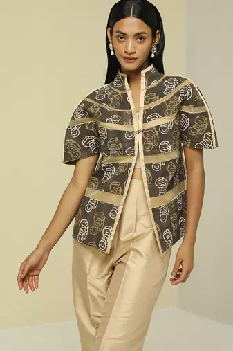 Gold plain silk jacket set