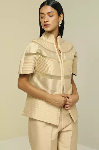 Gold plain silk jacket set