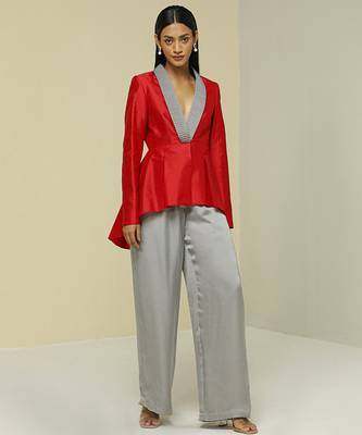Red plain silk jacket set 1