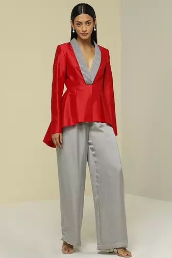 Red plain silk jacket set