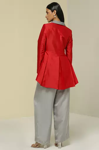 Red plain silk jacket set